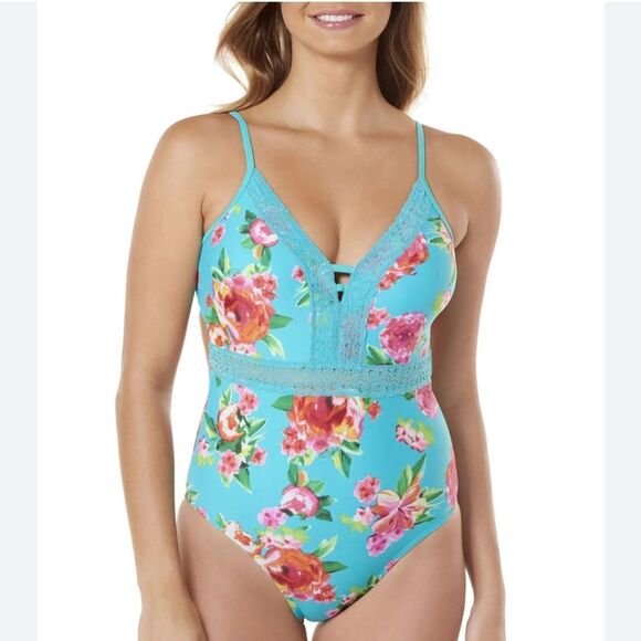 Time and tru floral lace trim open tie back v neck beach vacation swim one piece - Picture 1 of 7